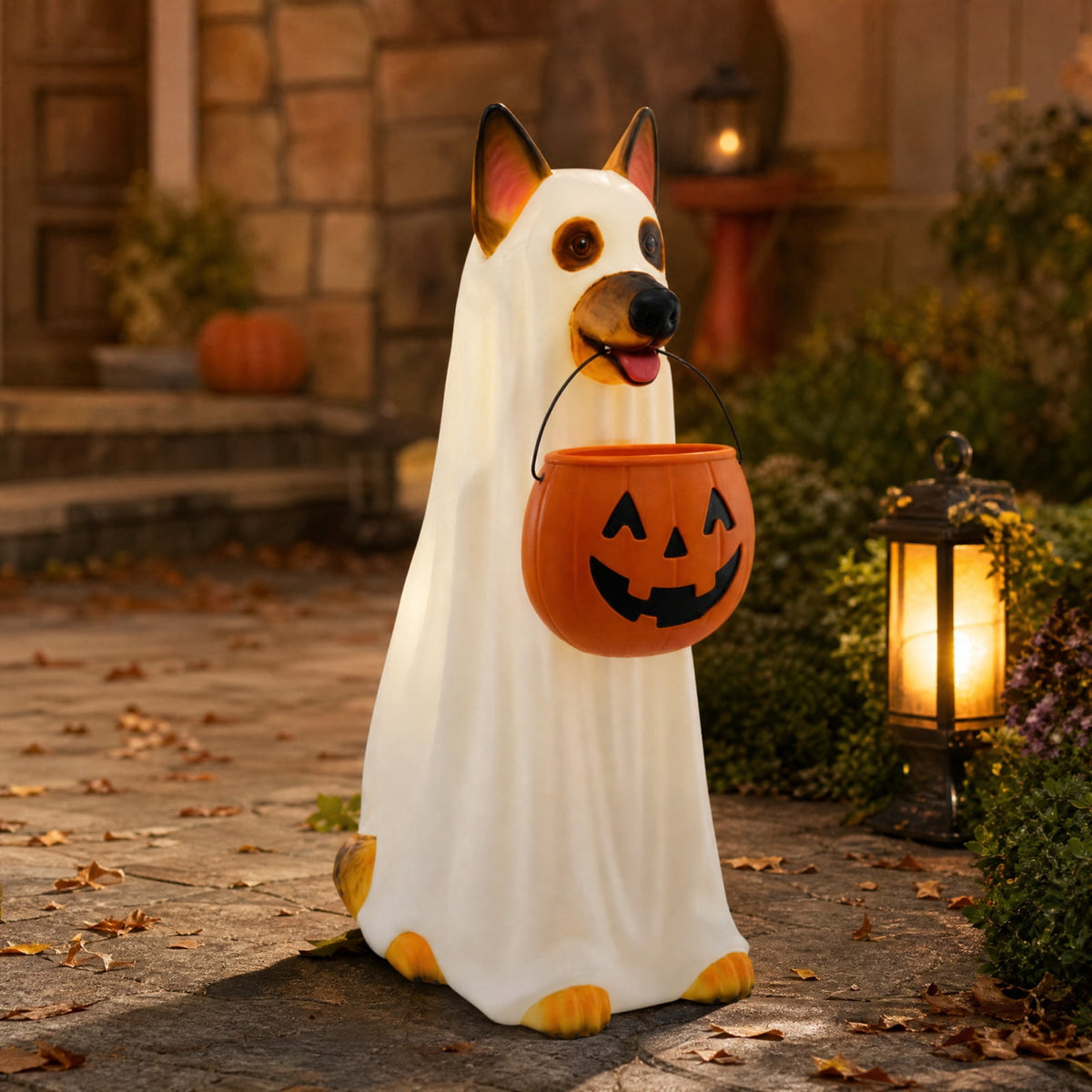 Clearance Halloween Schnauzer Bat Figurine with Ghost Bucket, 8 inch Resin Cute Dog Gifts Tabletop Decor