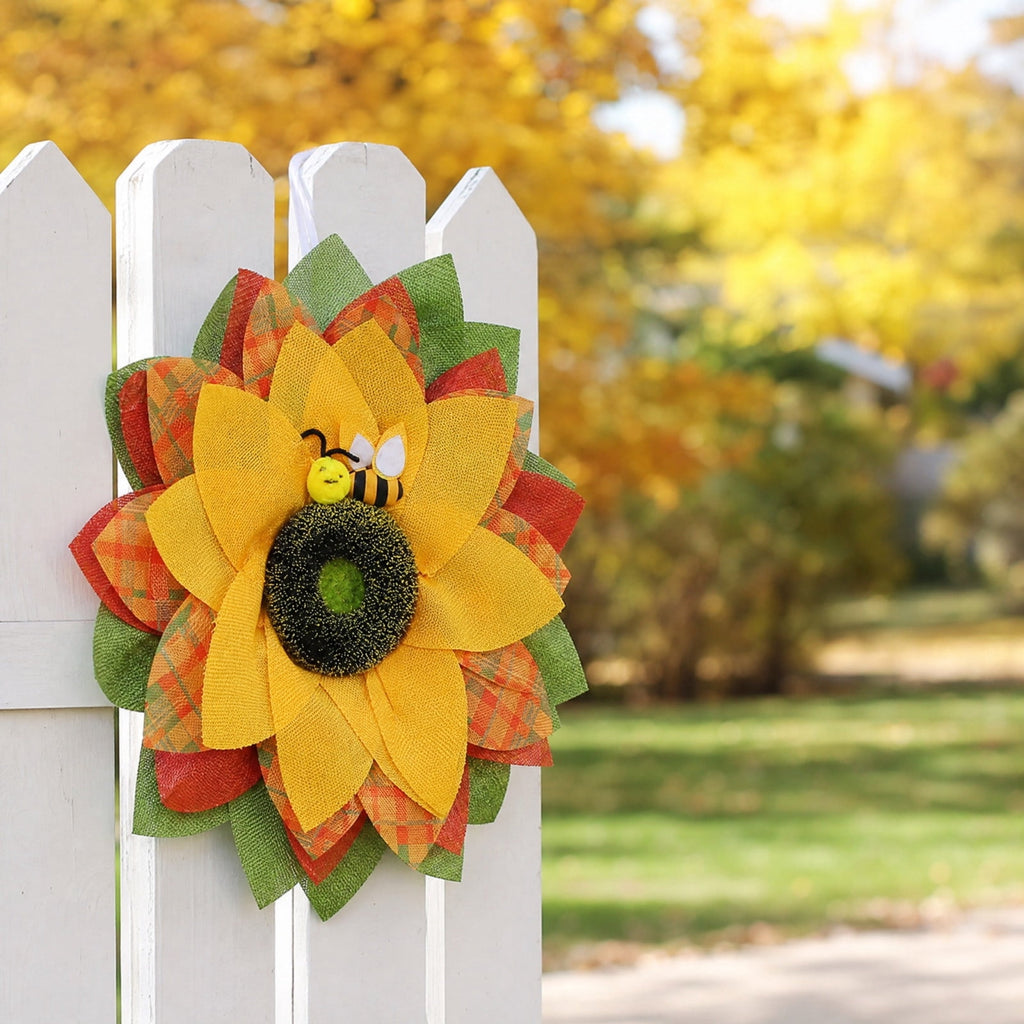 HOARBOEG Autumn Harvest Sunflower Wreath, Artificial Pumpkin Maple Leaf Fall Wreath for Front Door, 21.65 in Thanksgiving Wall Hanging Decor, Outdoor Indoor Harvest Decor