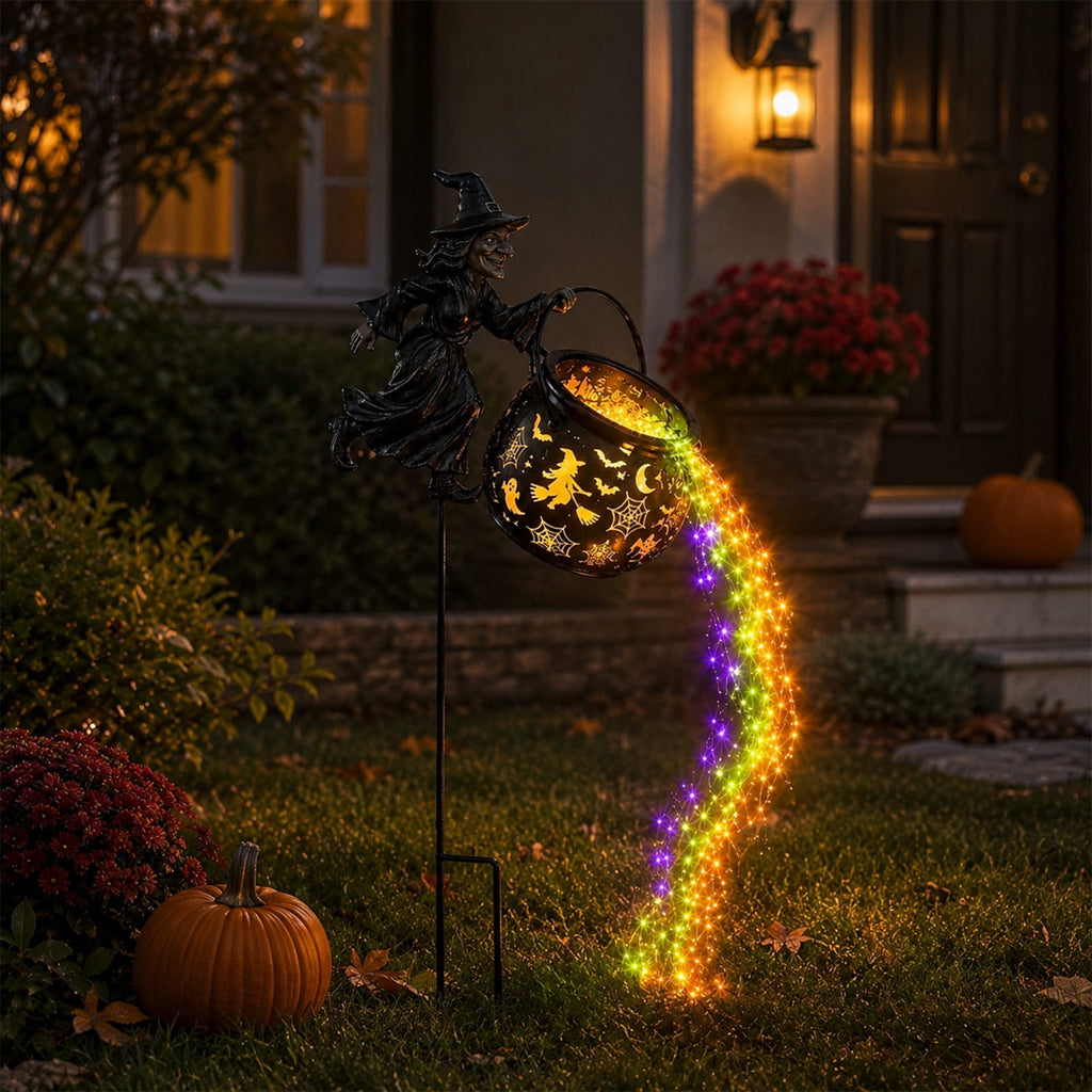 Halloween Witch Cauldron Garden Light, Solar Powered Halloween Projector Outdoor Decoration with Flying Witch and Lighted Cauldron, Witch Light Stake for Lawn Garden Porch Yard Decor, Style D