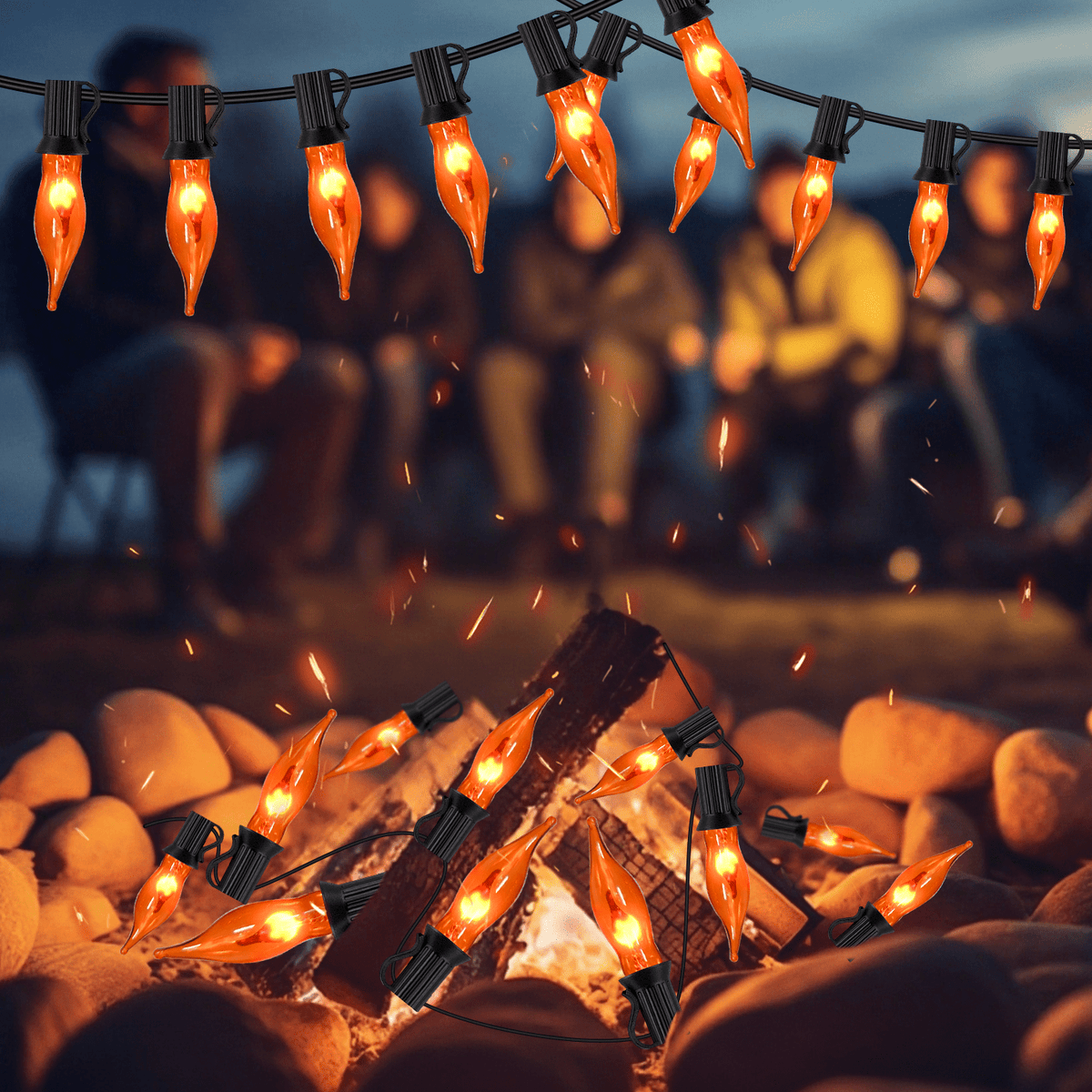 12.8Ft Christmas Lights Flickering Flame String Lights with 12 Pack Clear C7 Flame Light Bulbs（2 Spare）, Great for Indoor Outdoor Home Patio Party Christmas Decorations Lights, 1W, E12 Base