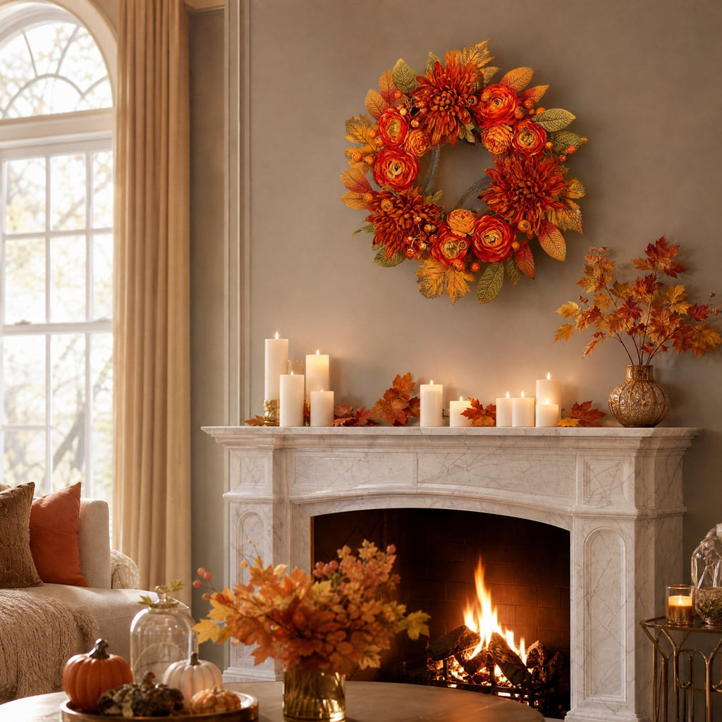 HOARBOEG Handmade Wrought Iron Maple Leaf Wreath, Thanksgiving Rudolph Fall Harvest Door Hanging, Orange Metal Autumn Wreath with Berries, Garden Wall Decor, 15.75 in