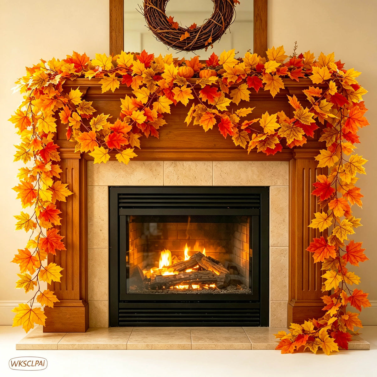 WKSCLPAI Halloween Maple Leaf Garland, Fall Vine Wreaths for Autumn Festivities Decor,Seasonal Garlands for Home,Halloween & Fall Decorations
