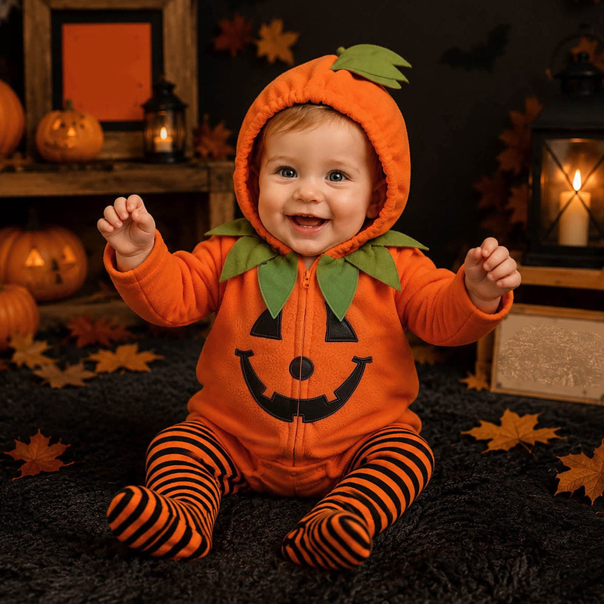 Newborn Infant Cute Jack-O-Lantern Costume Halloween Bodysuit and Striped Leggings Set Fall Holiday Fancy Dress Up Outfit for Boys Girls Party Festival