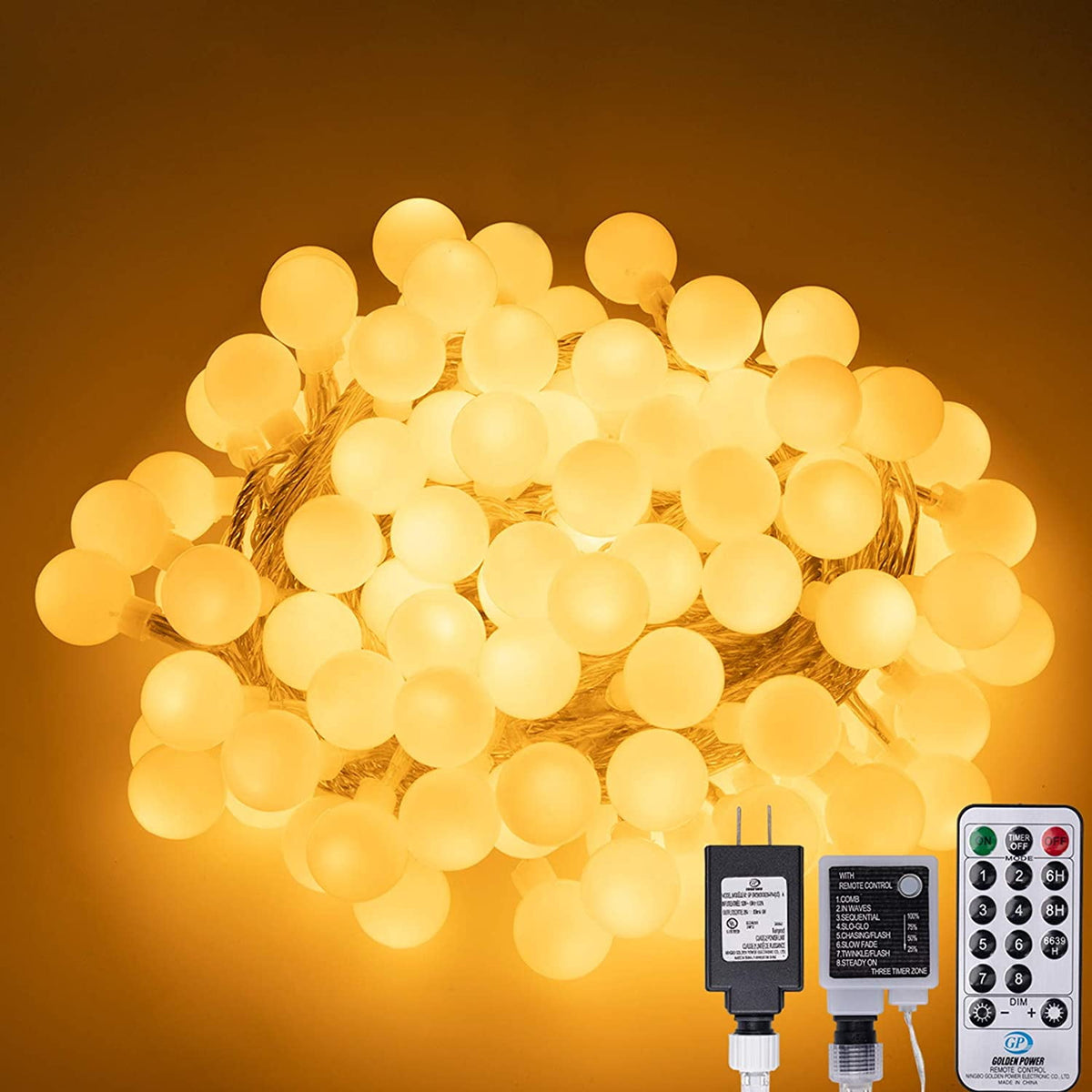 Bibana 100 LED 49 FT Globe Ball String Lights Fairy String Lights Plug in with Remote 8 Modes Extendable for Indoor Outdoor Wedding Birthday Christmas Tree Garden Decor (White)