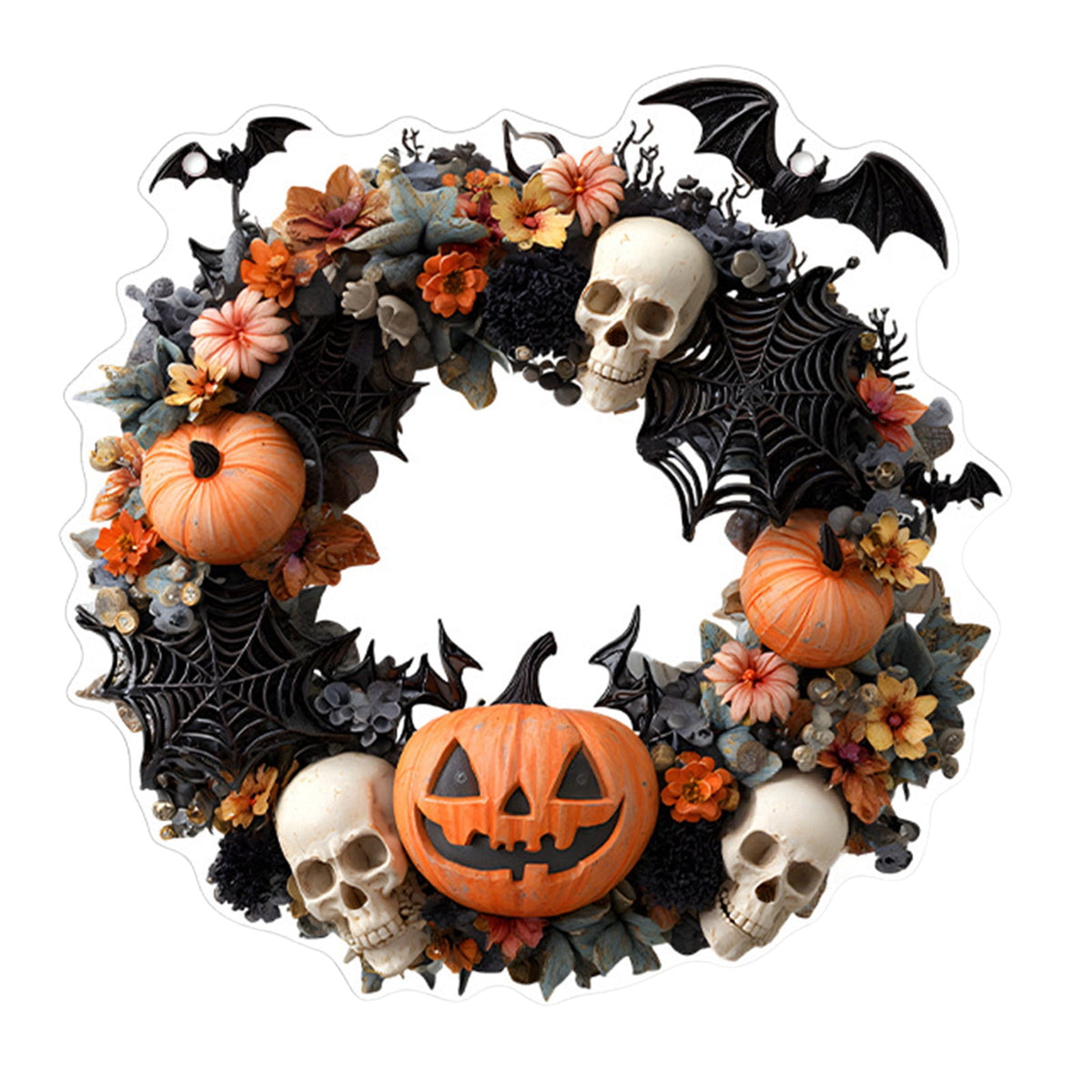 Btomtd Diameter 8" Pumpkin Skull Wreath Halloween Decor Acrylic Round Disk Hanging Ornament with Garland for Front Door Window, A