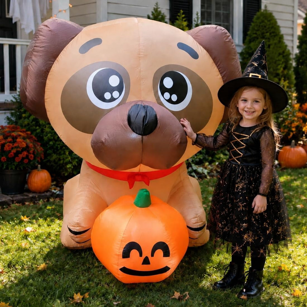 COMIN 5 FT Halloween Inflatables Dog Outdoor Yard Decorations Blow Up Pug Holding Pumpkin with Built-in LEDs for Indoor Party Garden Lawn Decor