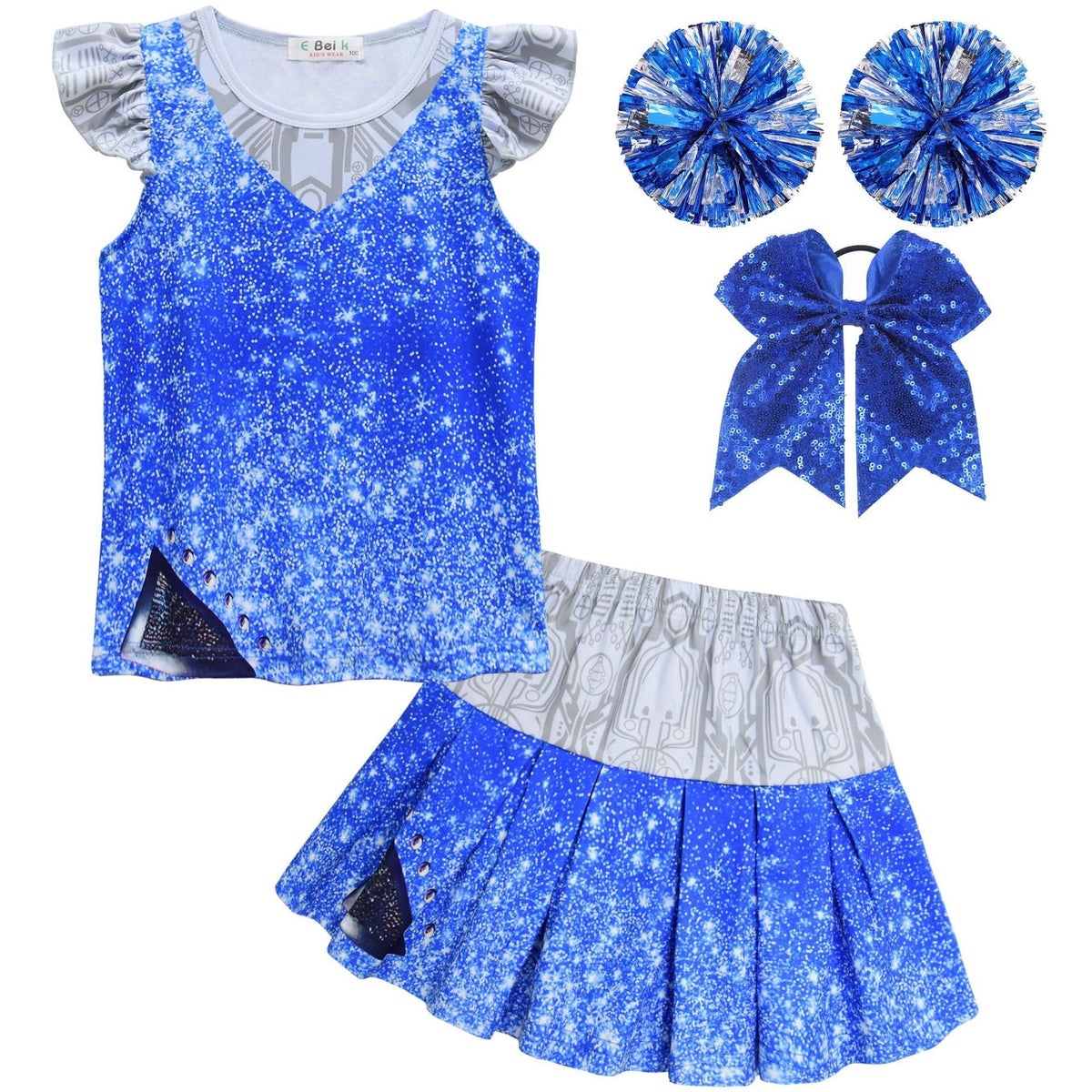 Girls Cheerleader Dress Up Outfit Skirt Set with Hair Bow & Pom Poms Monster Cosplay
