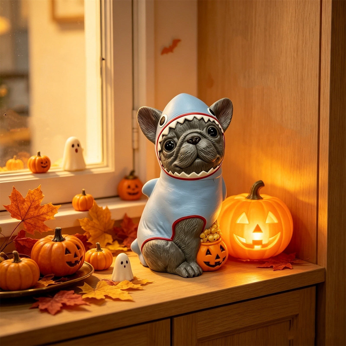 Clearance Halloween Schnauzer Bat Figurine with Ghost Bucket, 8 inch Resin Cute Dog Gifts Tabletop Decor