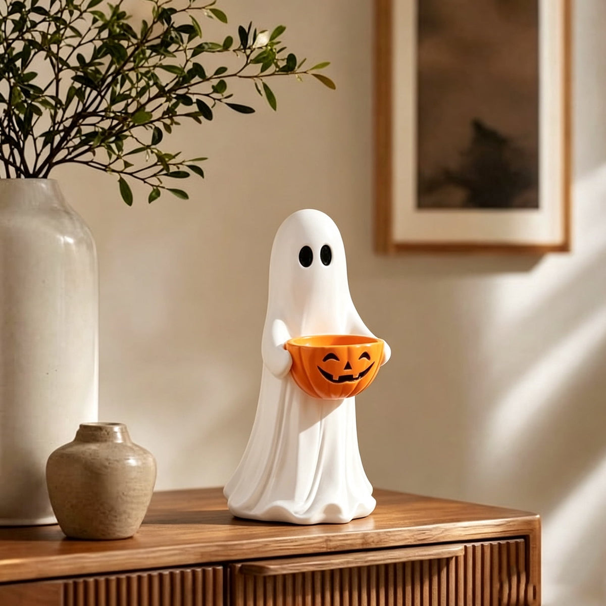 Clearance Halloween Ghost Resin Figurine with Black Cat & Pumpkin Candy Bowl 10“- Cute Spooky Tabletop Decor for Home Mantel, Shelf, and Indoor Fall Display
