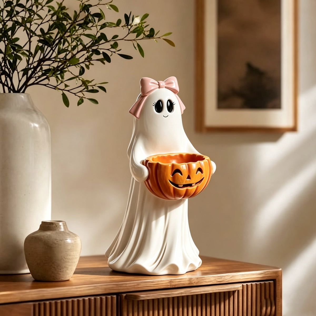 Clearance Halloween Ghost Resin Figurine with Black Cat & Pumpkin Candy Bowl 10“- Cute Spooky Tabletop Decor for Home Mantel, Shelf, and Indoor Fall Display