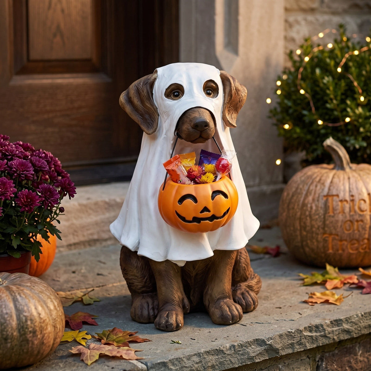 Clearance Halloween Schnauzer Bat Figurine with Ghost Bucket, 8 inch Resin Cute Dog Gifts Tabletop Decor