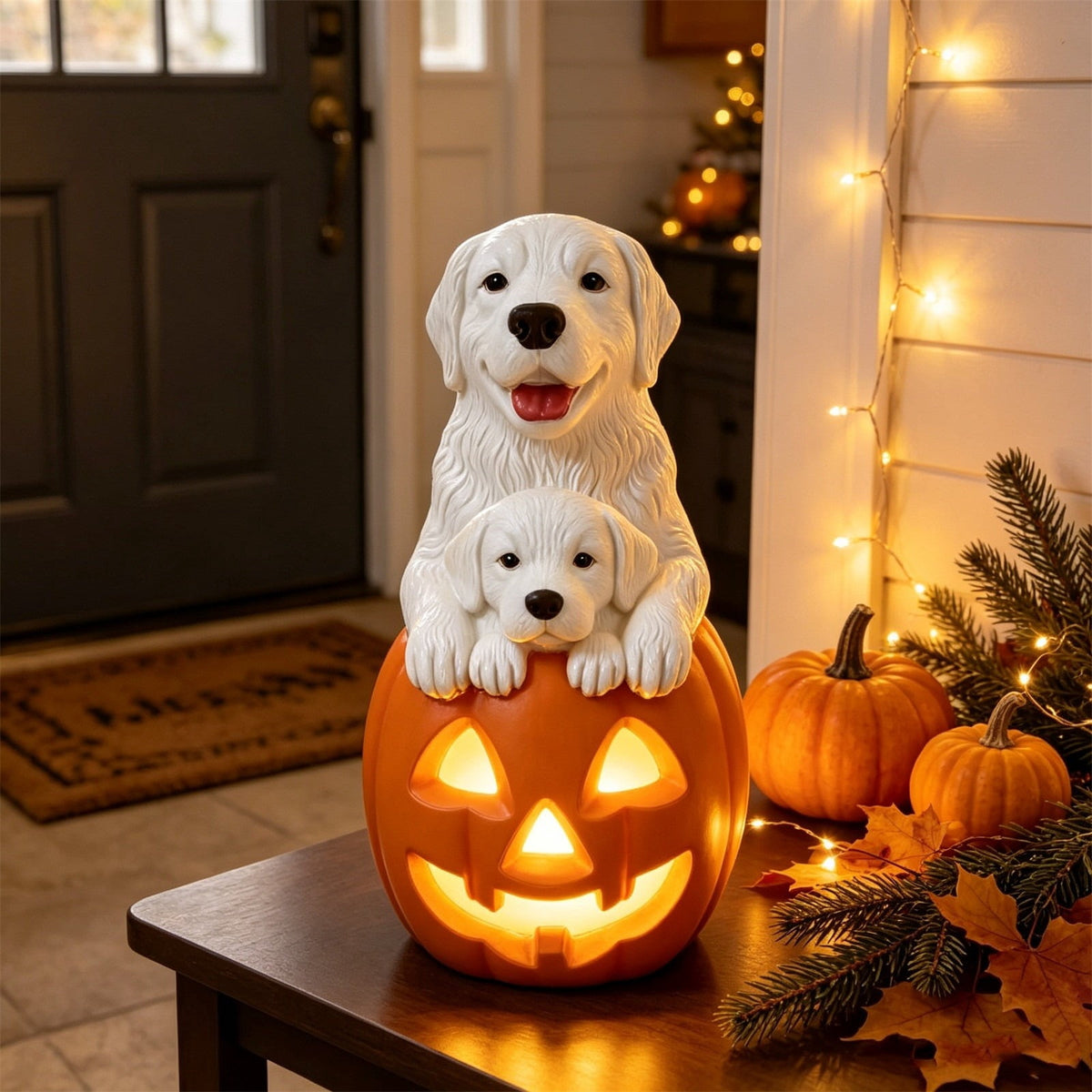 Clearance Halloween Schnauzer Bat Figurine with Ghost Bucket, 8 inch Resin Cute Dog Gifts Tabletop Decor
