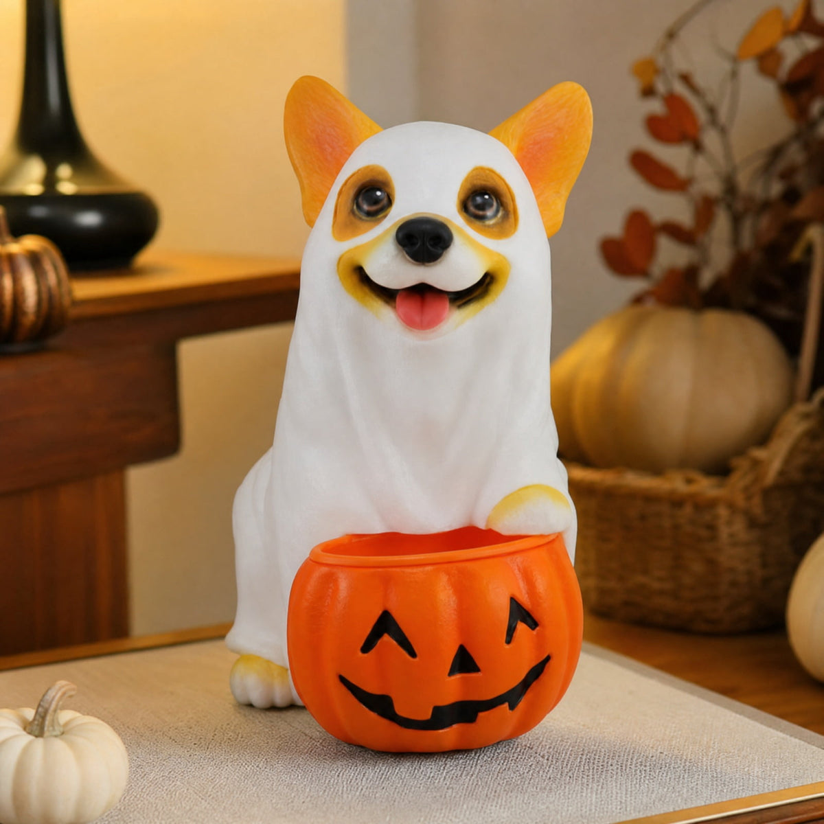Clearance Halloween Schnauzer Bat Figurine with Ghost Bucket, 8 inch Resin Cute Dog Gifts Tabletop Decor