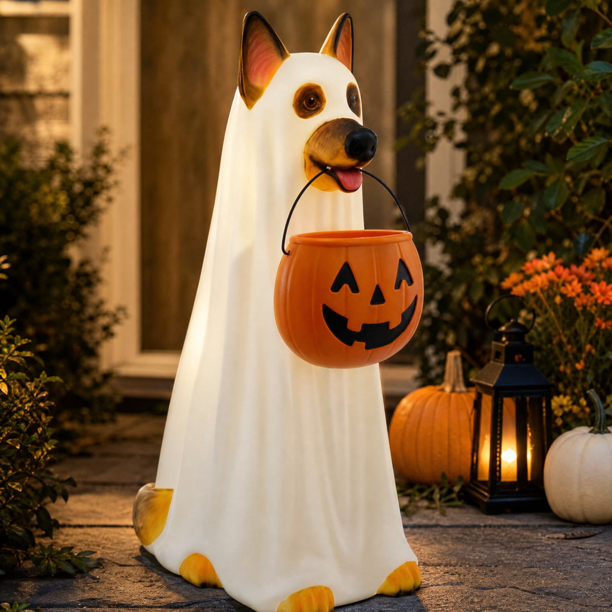Clearance Halloween Schnauzer Bat Figurine with Ghost Bucket, 8 inch Resin Cute Dog Gifts Tabletop Decor