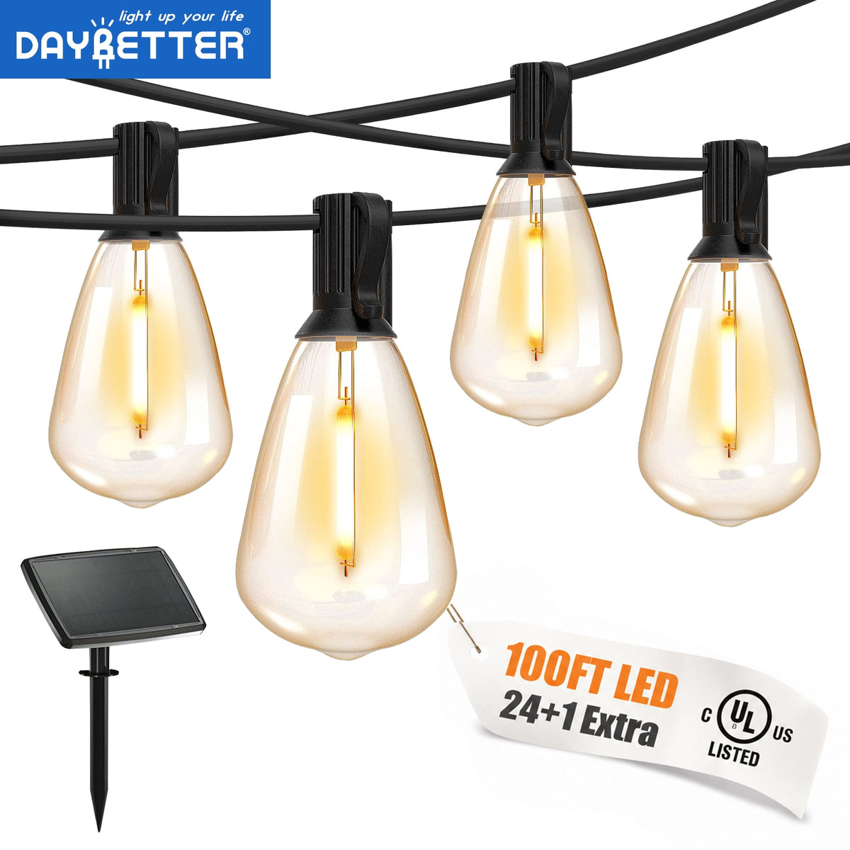 DAYBETTER 100ft Solar Outdoor String Lights, with 24 Shatterproof Bulbs, ST38 Waterproof Hanging Lights, Outdoor Solar Lights for Yard, Patio