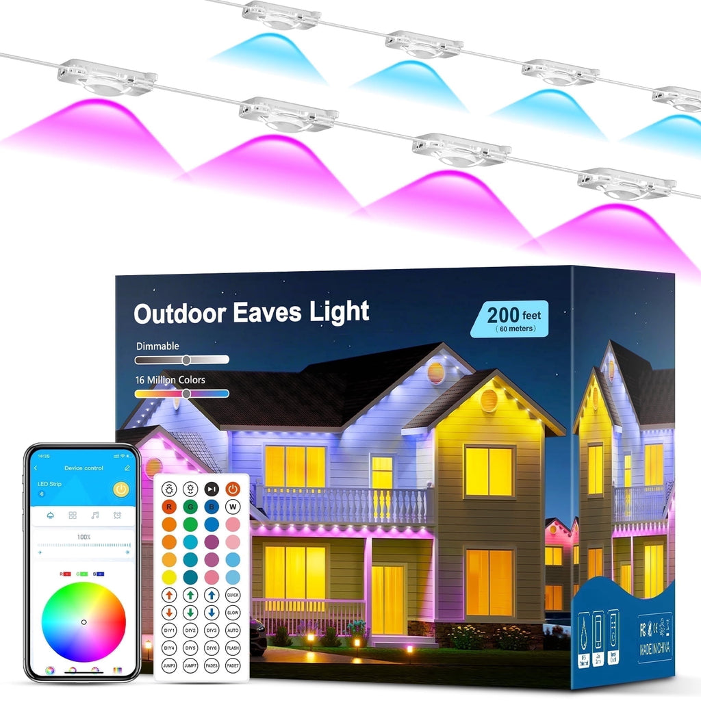 DAYBETTER 200ft Permanent Outdoor Lights, RGB Eaves String Lights with 100LED, Remote/APP Control, IP65 Waterproof, for Garden Halloween Christmas Party Decorations