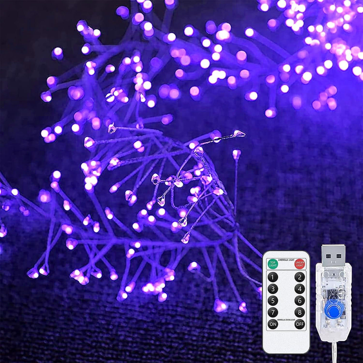 Mini Firecrackers String Light 19.68Ft 200 LED USB Operated 8 Modes Cluster Chain Fairy String Lights with Remote Control Firefly Lights for Xmas Party Home Garden Decoration