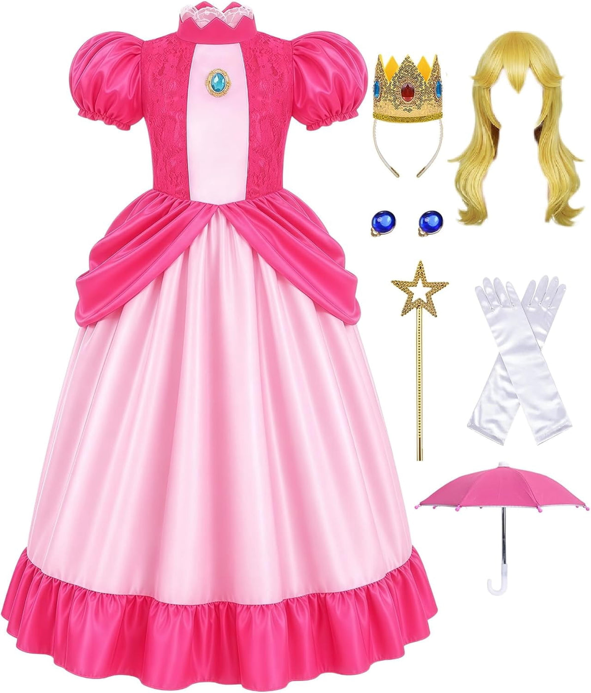 G*irls Halloween Princess Dress with Accessories, Blue Princess Dress with Wig Wand Crown Earrings and Star Earrings