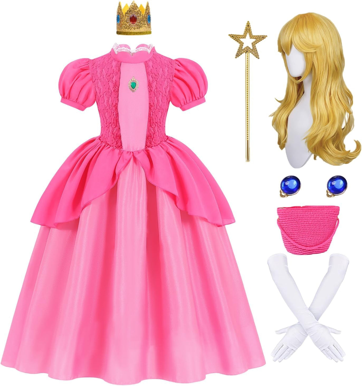 G*irls Halloween Princess Dress with Accessories, Blue Princess Dress with Wig Wand Crown Earrings and Star Earrings