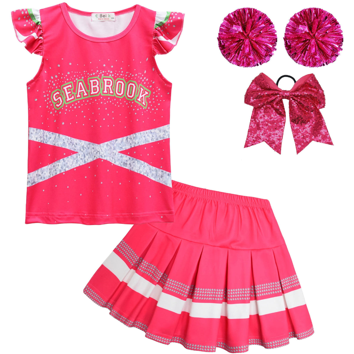 Girls Cheerleader Dress Up Outfit Skirt Set with Hair Bow & Pom Poms Monster Cosplay