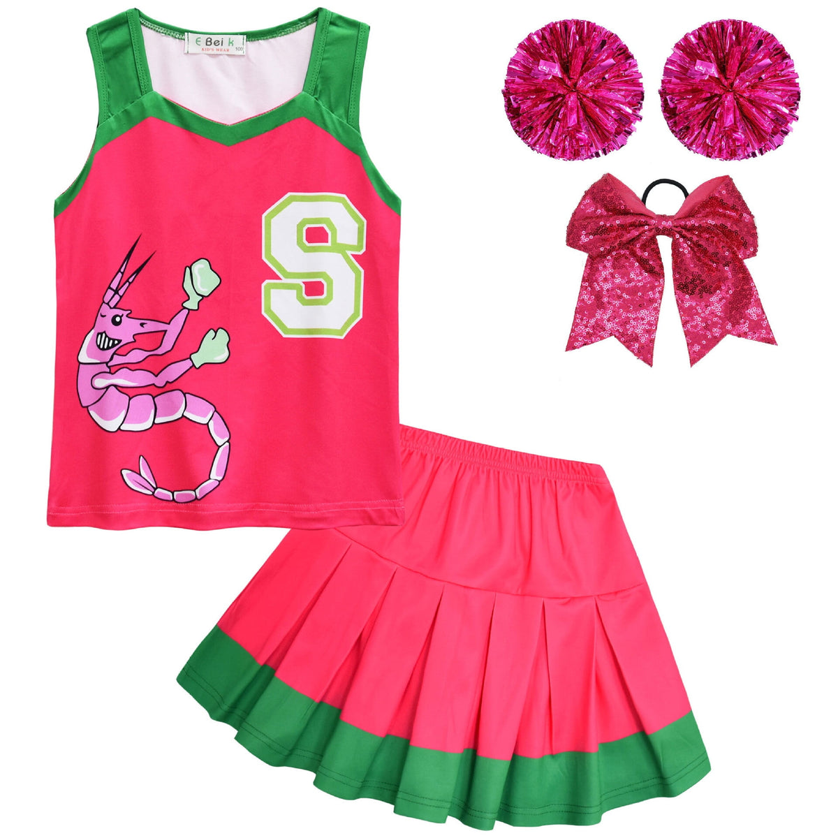 Girls Cheerleader Dress Up Outfit Skirt Set with Hair Bow & Pom Poms Monster Cosplay