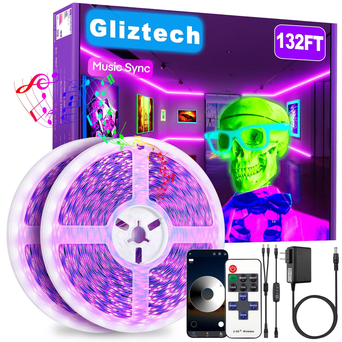 Gliztech 100FT Black Light Led Strip App Control, Black Light for Glow Party with Remote, Self Adhesive UV Light Strip for Halloween Decor, 24V
