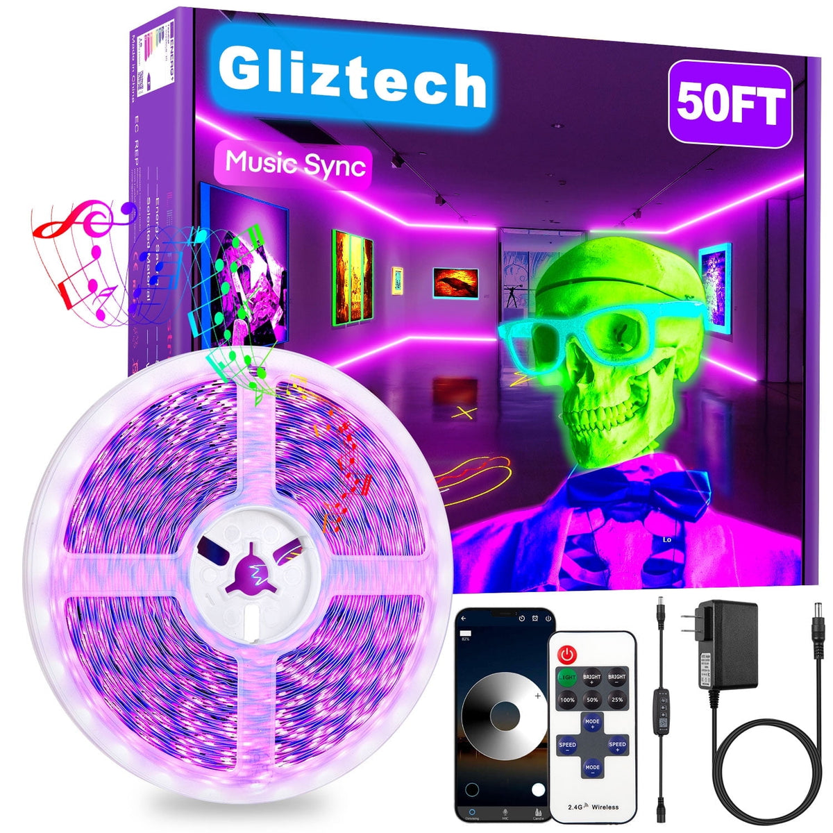 Gliztech 100FT Black Light Led Strip App Control, Black Light for Glow Party with Remote, Self Adhesive UV Light Strip for Halloween Decor, 24V