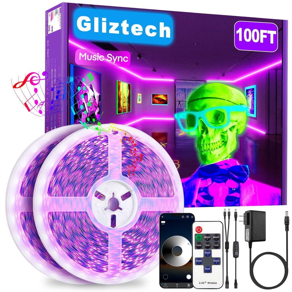 Gliztech 100FT Black Light Led Strip App Control, Black Light for Glow Party with Remote, Self Adhesive UV Light Strip for Halloween Decor, 24V
