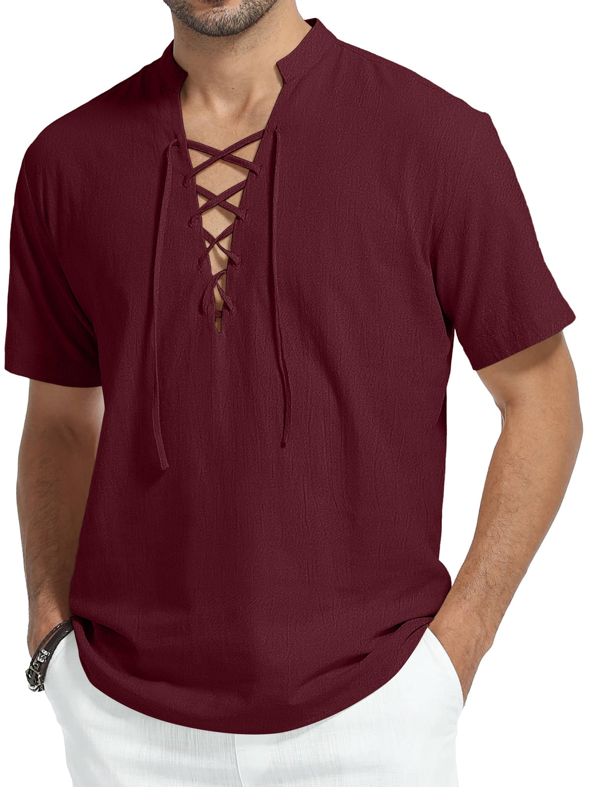 HAOMEILI Men's Short Sleeve Shirts Retro Style Lace up for Medieval,Viking,Hippie Halloween Cosplay Pirate Renaissance Costume