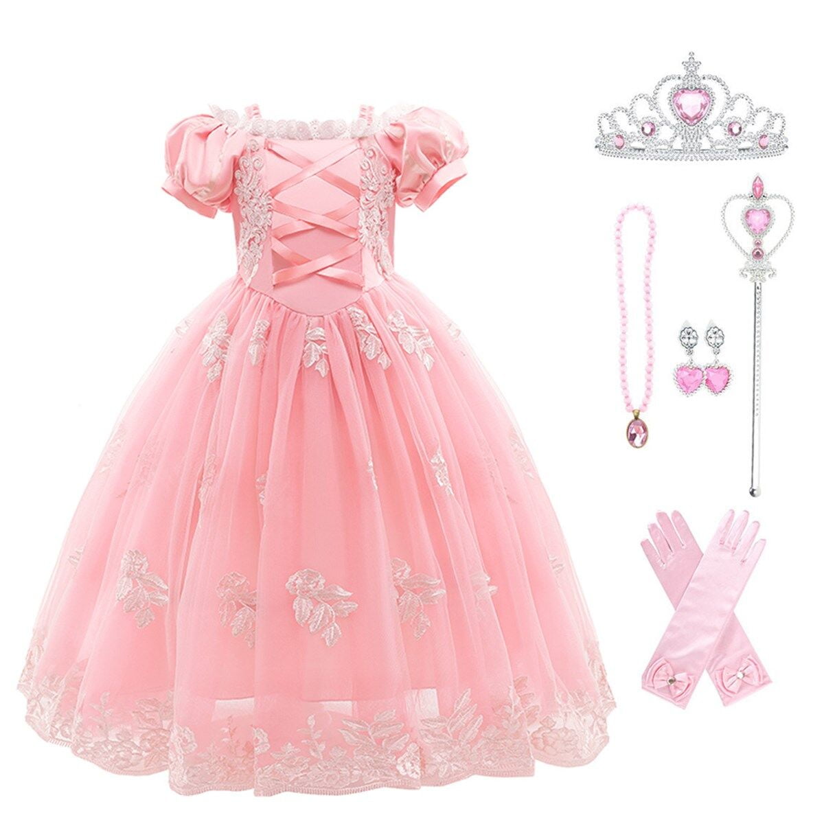 HAWEE Princess Dress for Girl Pink Cosplay Halloween Costume Puff Sleeve Layerd Dresses