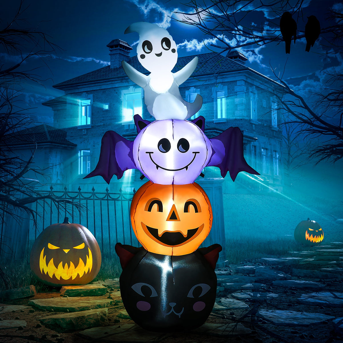 Outsunny 41.3" Inflatable Halloween Window Sticker Ghost with Orange Face, Halloween Decoration with LED Lights for Garden Indoor Outdoor