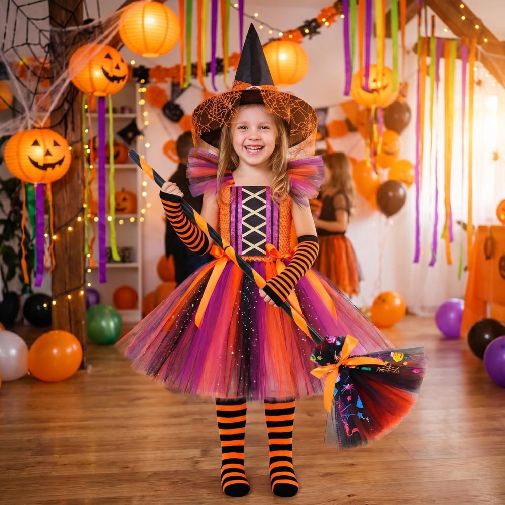 Halloween Cute Purple Witch Costume Set for Toddler Girls, Bat Outfit Dress with Witch Hat & Magic Broom