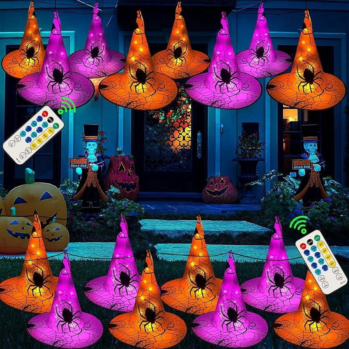 Halloween Decorations 8 Pcs Lighted Hanging Witch Hats, Remote Control with 8 Modes Light Up 14 FT Halloween String Lights, for Indoor Outdoor Yard, Lawn, Graveyard Scenes Party