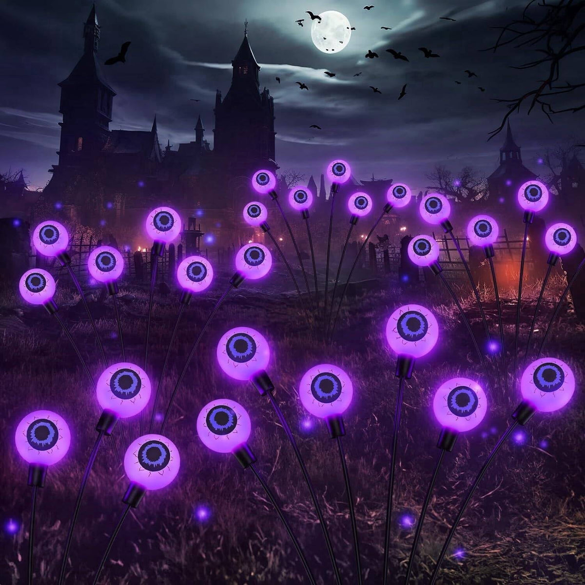 Morfone Halloween Decorations Outdoor, 2 Pack 12 LEDs Solar Scary Eyeball Lights, Waterproof Eyeball Swaying Firefly Lights, Halloween Path Lights for Garden Yard Party, Green