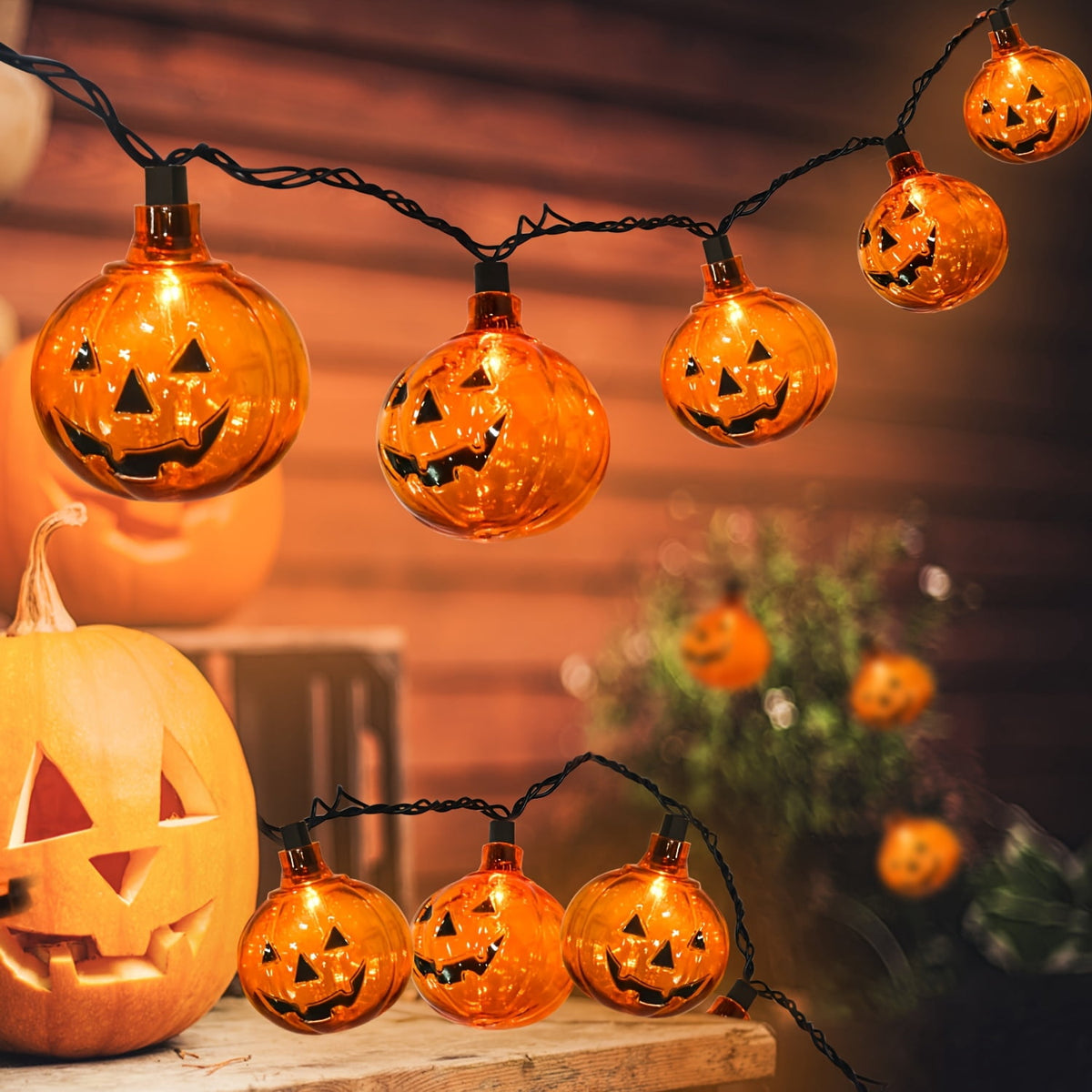 Halloween Pumpkin String Lights, 8.5Ft Outdoor Halloween Decorations Lights with 10 Jack-O-Lantern Lights, Hanging Pumpkin String Lights Party Patio Garden Window Decor