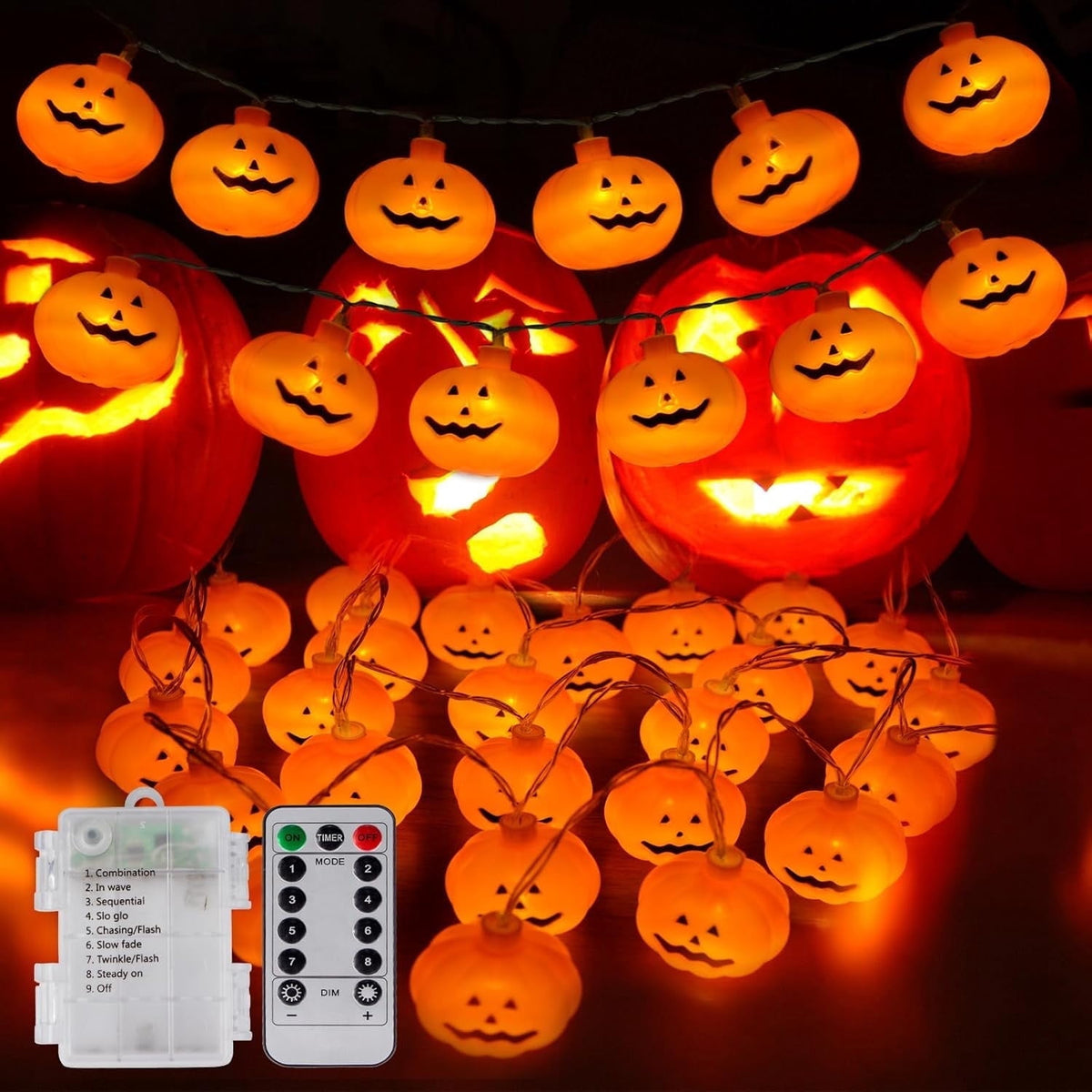 Qoosea Halloween Pumpkin String Lights, 20FT 40 LED 8 Mode Waterproof Pumpkin String Lights for Outside Decor Camper Party Indoor Bedroom Decorations
