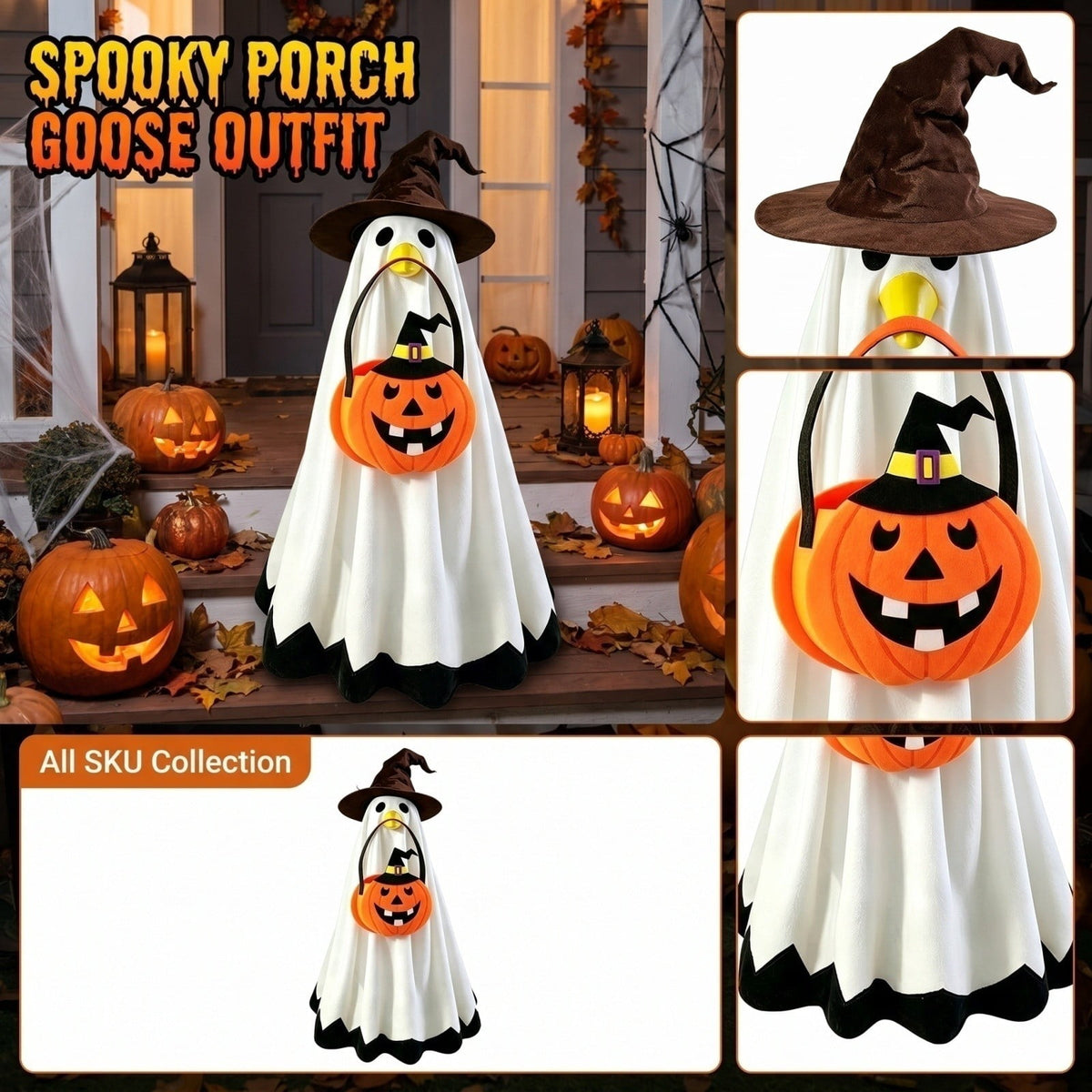 Outdoor Holiday Yard Decor, 23 Inch Porch Goose Outfits, Halloween Pumpkin Themed Porch Goose Clothes, Porch Goose Set with Hat and Treat Bag, Fits Standard 23 Inch Large Porch