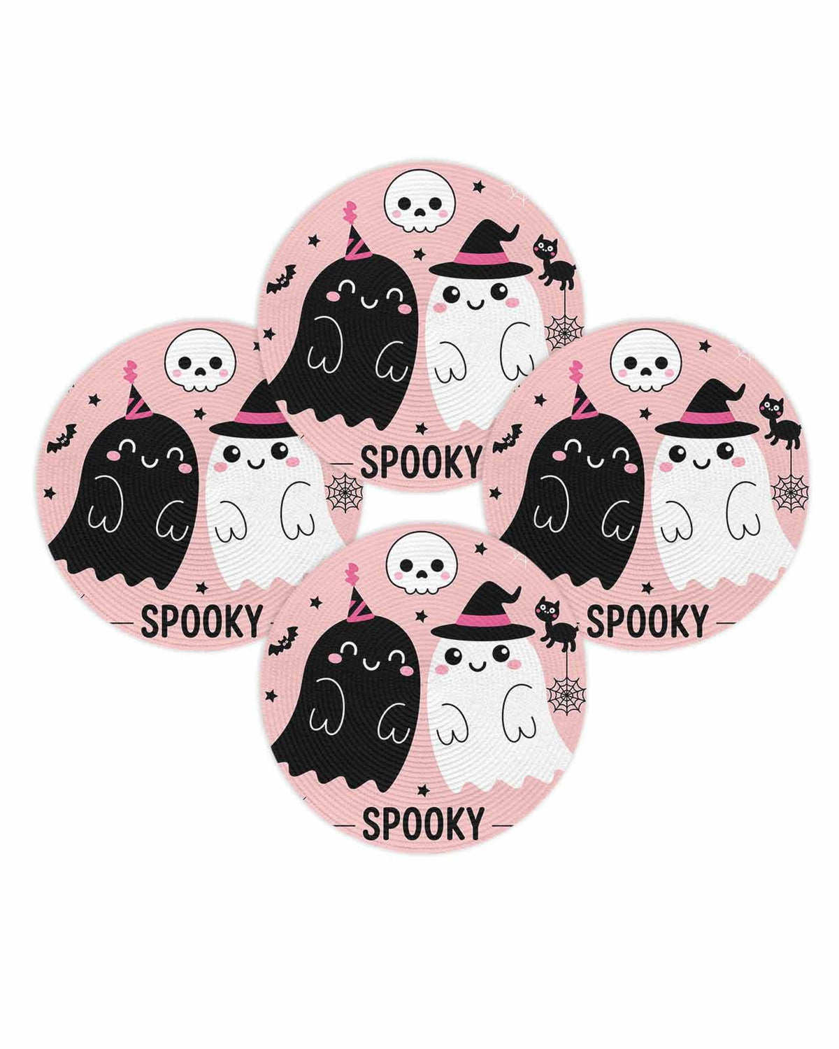 Halloween Round Placemats Set of 4 Cute Ghost Place Mats Washable Woven Placemat Spooky Skull Bat Cat Pumpkin Pink Circle Braided Table Mat for Kitchen Dining Table Holiday Party Home Decor 15 Inch