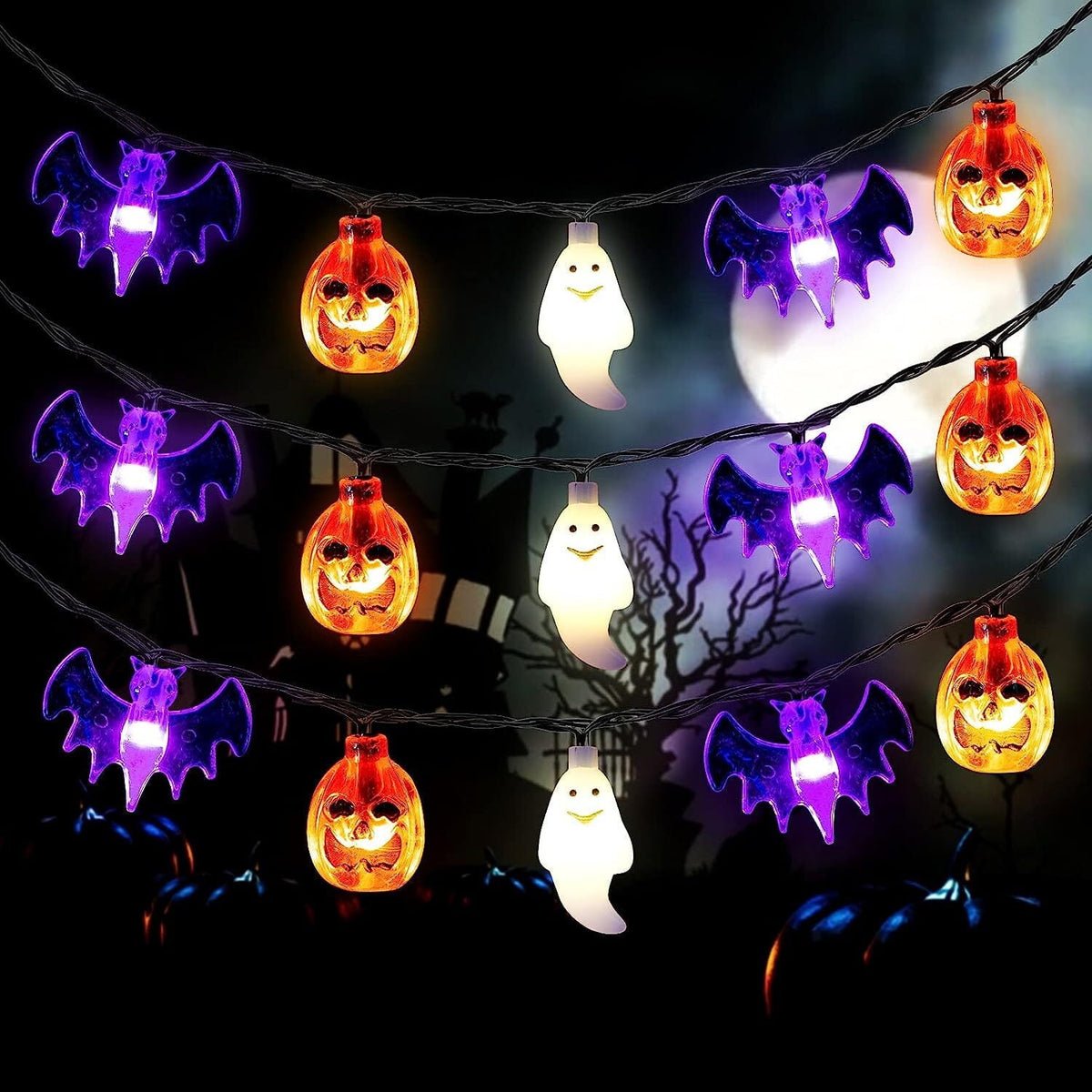 Halloween String Lights Battery Operated 20 Feet 30 LED 3D Pumpkin Bat Ghost Lights with Timer - 8 Light Modes Halloween Decorations Lights for Party Patio Indoor Outdoor (Upgrade)