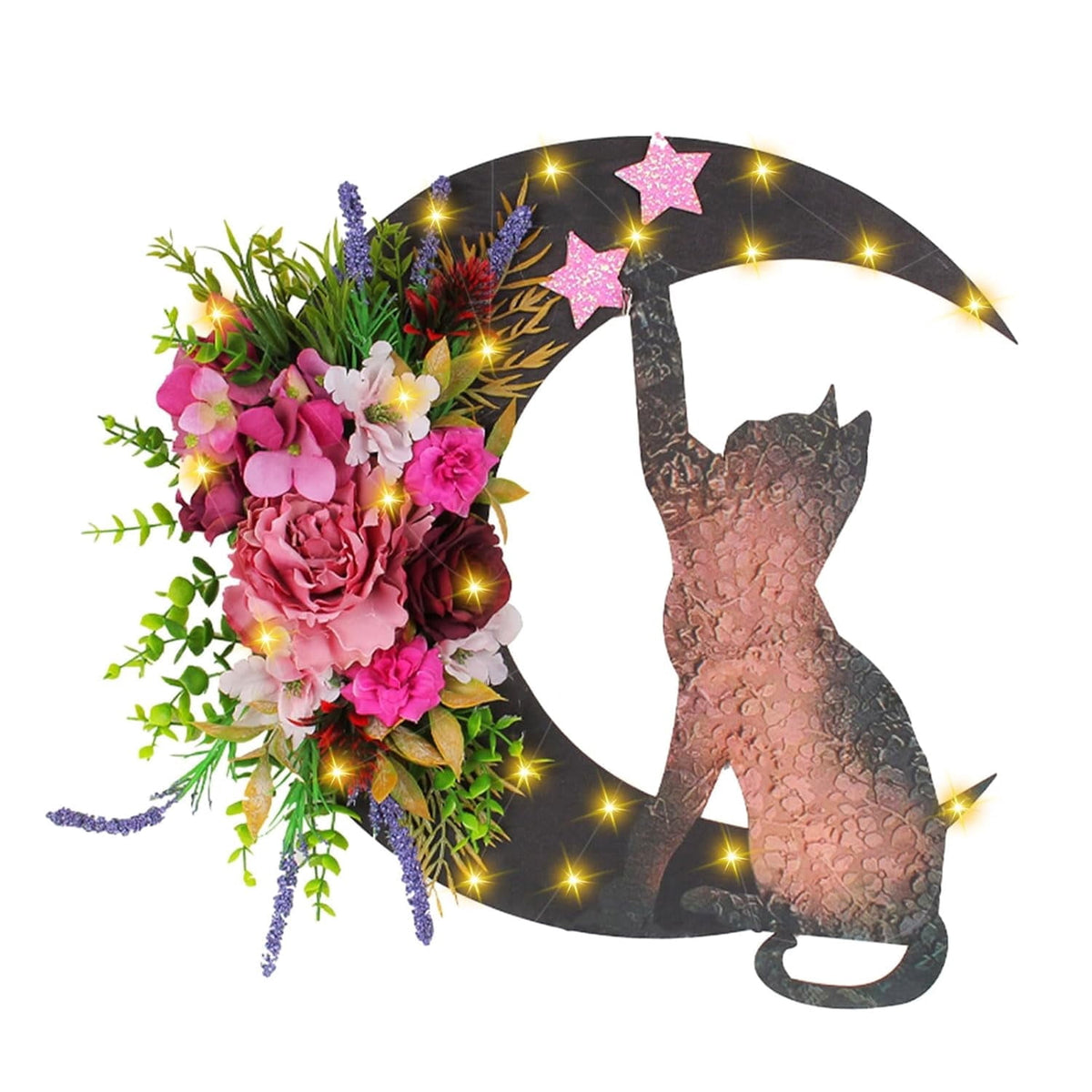 Halloween Wreaths For Front Door, Flower Moon Cat Halloween Home Decoration, Halloween Family Gathering Decoration Wreath，Outdoor, Wall, Closet, Fence, Wreath Halloween (Pink roses)