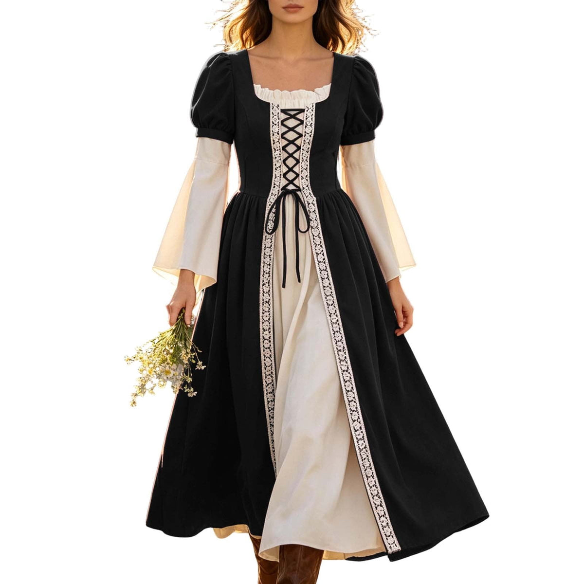 Hurxie Renaissance Costume Women Peasant Medieval Dress Maxi Fairy Dresses with Bell Sleeve Vintage Ren Faire Outfit