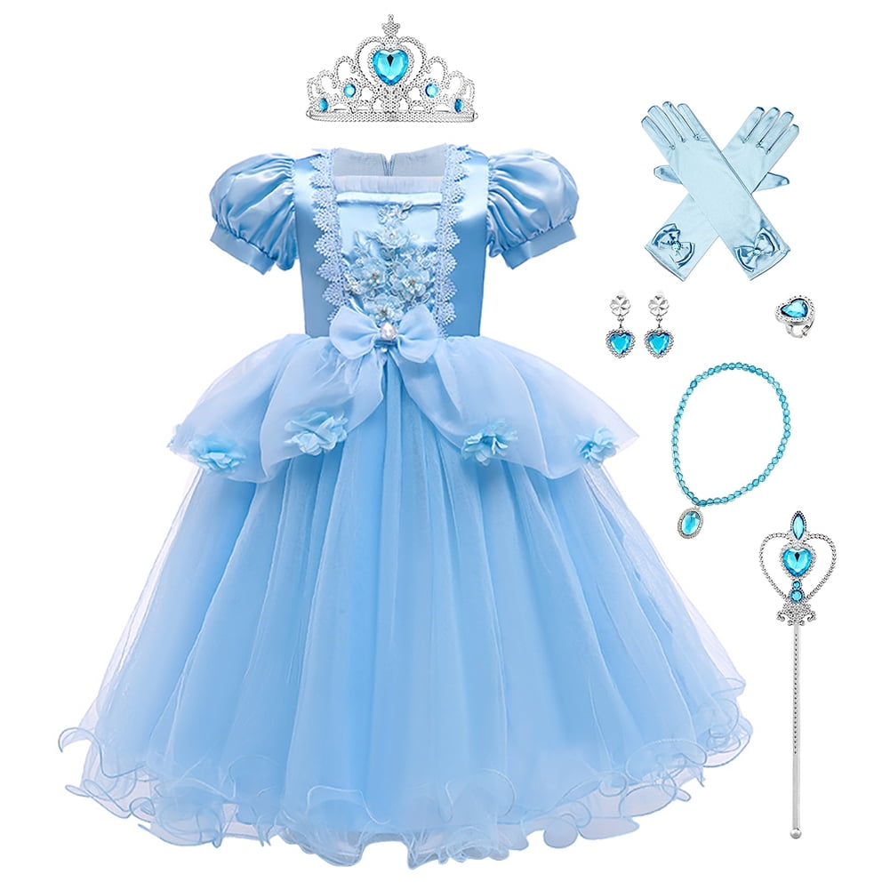 IBTOM CASTLE Little Girls Princess Halloween Cosplay Outfits for Kids Party Fancy Dress up Long Evening Gown 4-5 Years Cinderella Blue