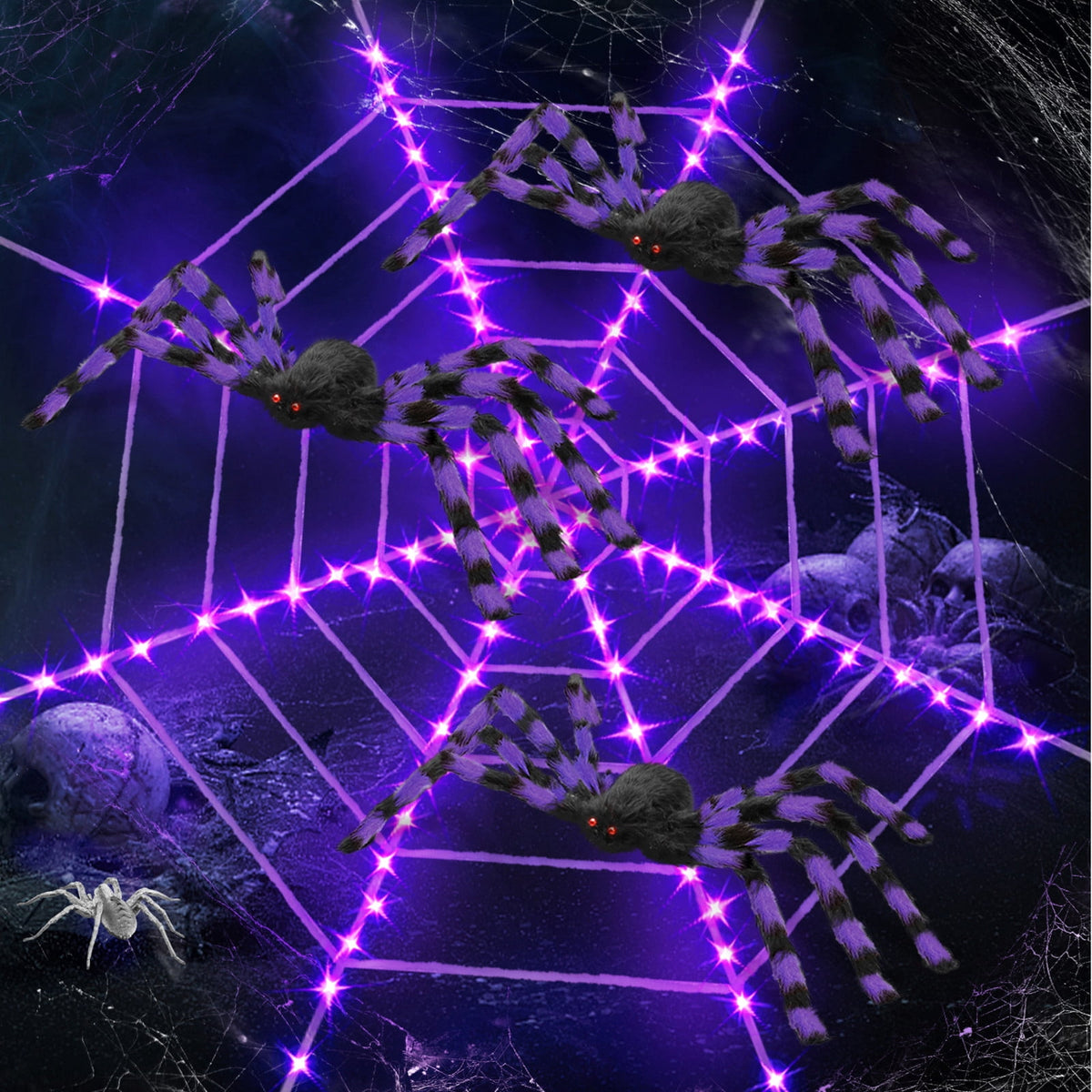 Innens 11.8ft Halloween 144 LED Purple Spider Web Lights with 35" Giant Spider Light up Cobweb Halloween Decorations for Indoor Ourdoor Garden Yard Home Patio (Black, 1Pc)