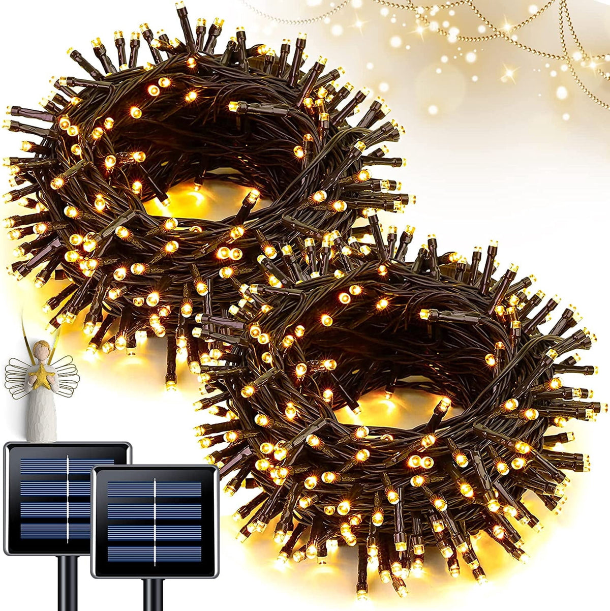 JMEXSUSS 2 Pack Solar String Lights Outdoor, 100 LED 42.7ft White Solar Lights Outdoor Waterproof, 8 Modes Green Wire Solar Christmas Lights for Garden, Wedding, Party, Christmas Tree Decoration