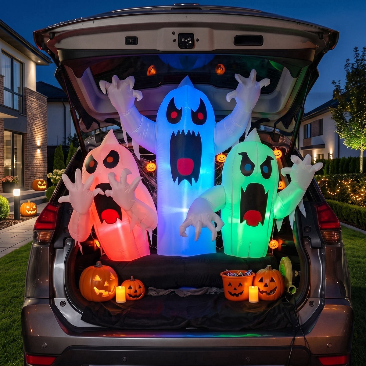 Joyfy 6 FT Halloween Inflatable Haunted Castle Decoration,Trunk or Treat Car Decorations Kit Ghost and Pumpkin with Built-in LED Light for Halloween Party Indoor,Outdoor,Yard,Garden Decor