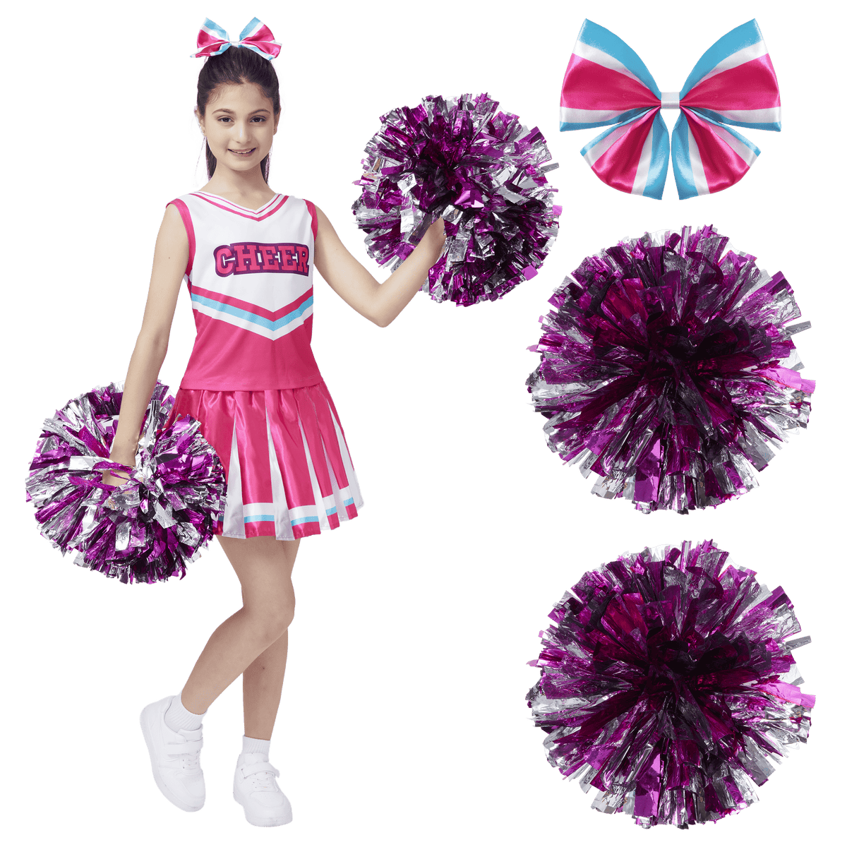 Joyfy Cheerleader Costume for Girls, Halloween Cute Cheer Uniform Outfit with Accessories for Kids Halloween High School Cheerleader Dress Up Costumes