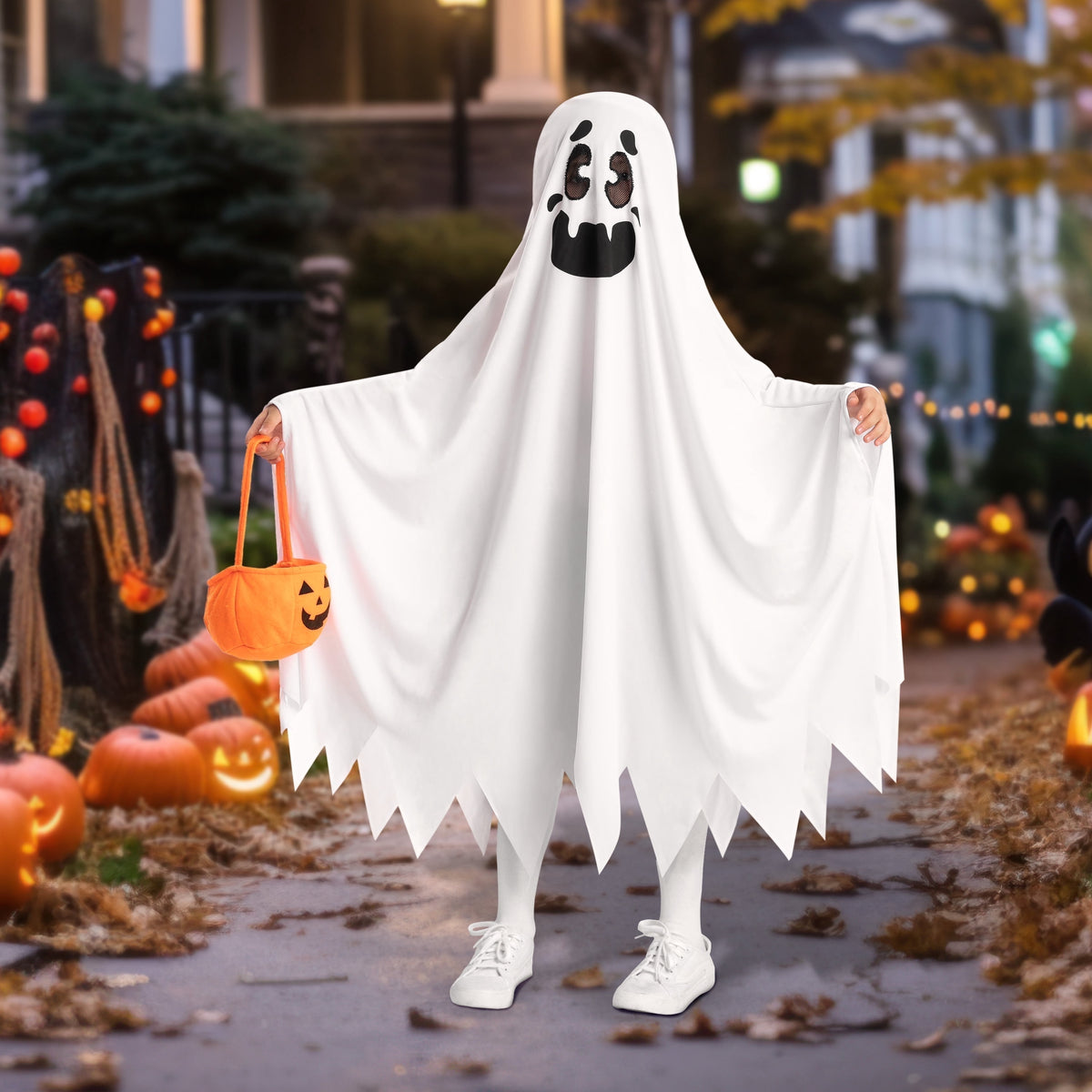 Joyfy Kids Ghost Costume, Halloween Ghost Costume, White Silent Ghost Costume with Pumpkin Bag for Toddler Boys Girls Halloween Party Dress Up Cosplay