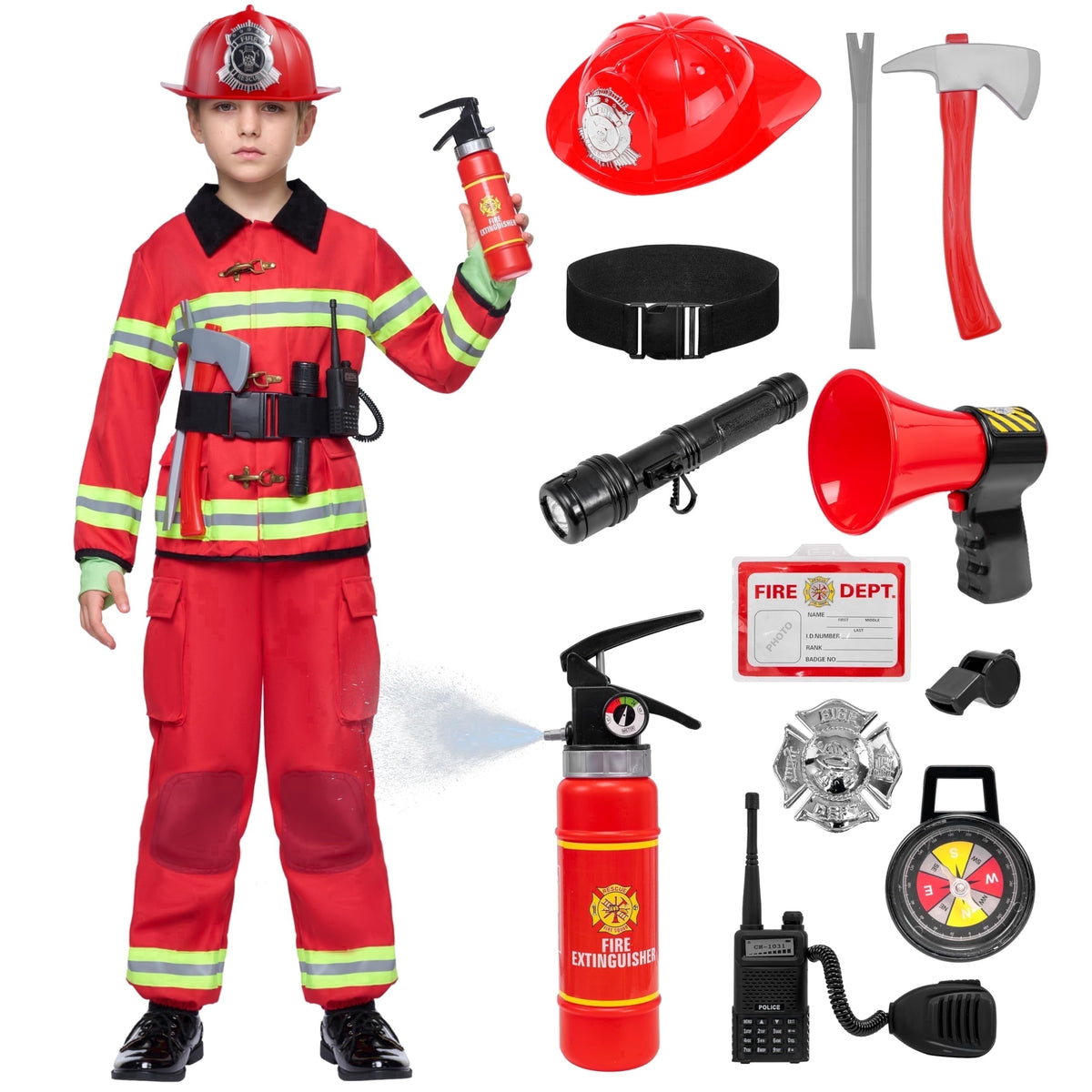 Joyfy Halloween Kids Fireman Costume, Firefighter Costume for Boys Toddler Halloween Party Dress Up 3-7 Years