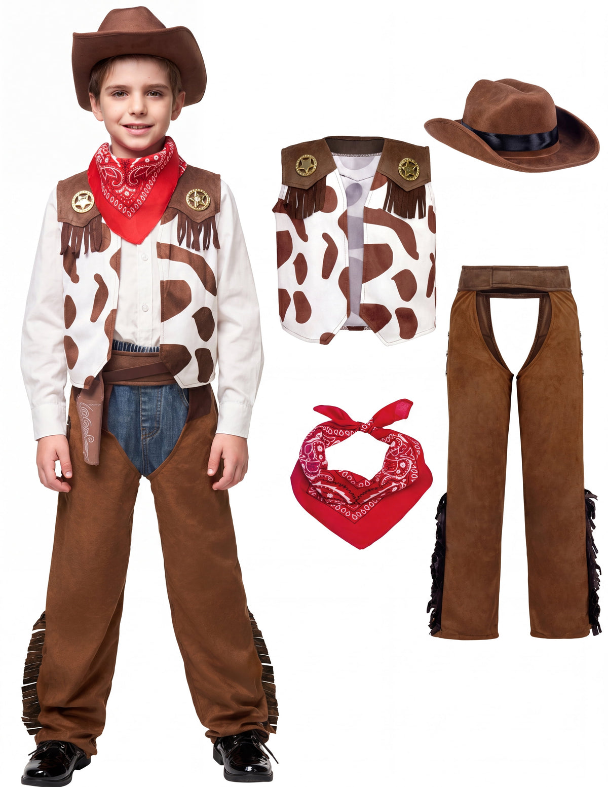 Joyfy Halloween Cowboy Costume for Boys, Kids Cowboy Costume Set, Brown Western Style Cowboy Outfit with Cowboy Hat for Toddler Dress-up Party Cosplay
