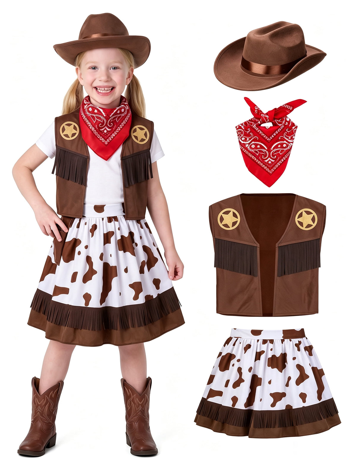 Joyfy Halloween Cowboy Costume for Boys, Kids Cowboy Costume Set, Brown Western Style Cowboy Outfit with Cowboy Hat for Toddler Dress-up Party Cosplay